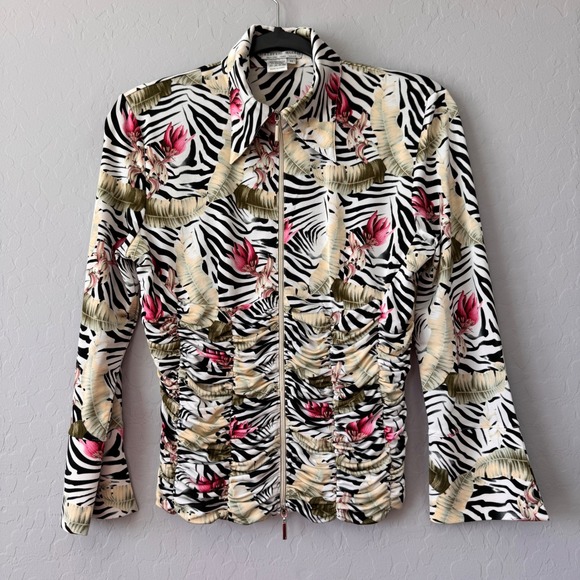Alberto Makali Zebra Floral Print Ruched Front Zip Up Top‎ Blouse M - Picture 1 of 5